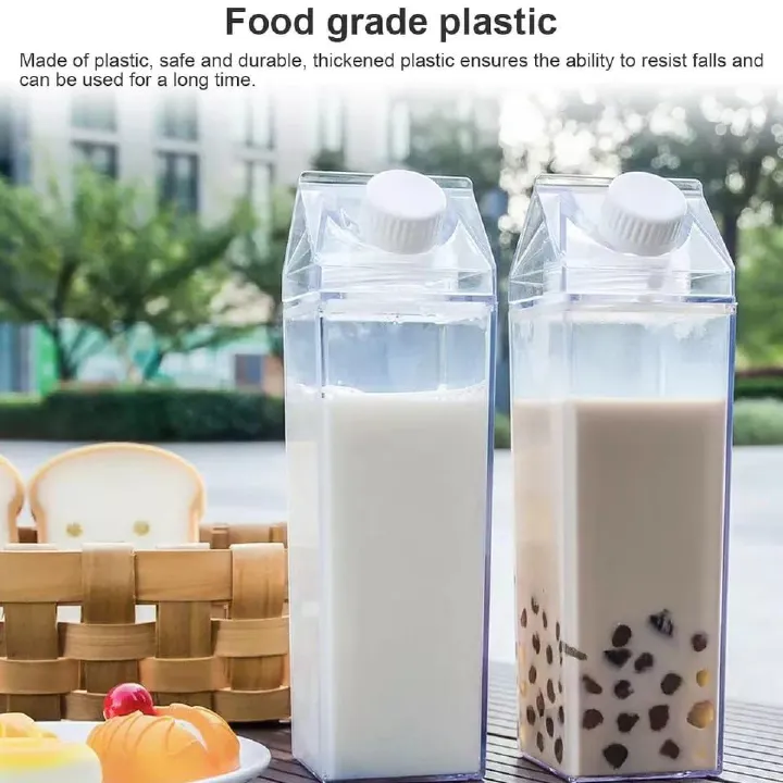 Milk Carton Water Bottle 1000ml, Clear Square Milk Bottles, Portable Juice Container, Reusable Creative Eco Leakproof With Brushes for Camping Activities Outdoor Sports Travel
