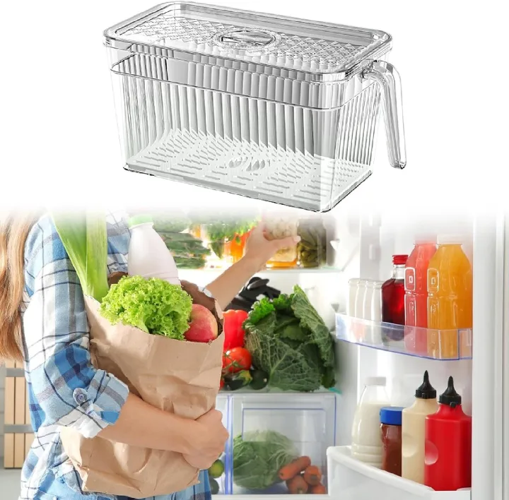 5L Refrigerator Organizer Fridge Food Storage Box with Removable Drain Tray Vegetable Fruit Case for Pantry Cabinet Freezer, Clear