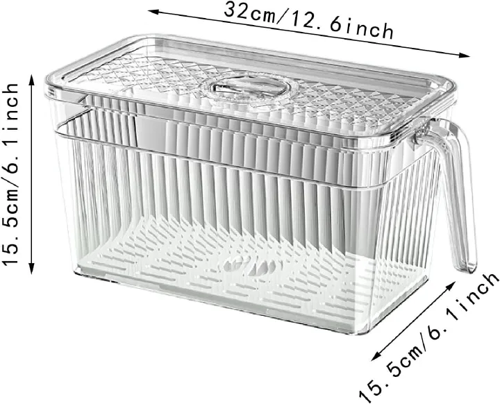 5L Refrigerator Organizer Fridge Food Storage Box with Removable Drain Tray Vegetable Fruit Case for Pantry Cabinet Freezer, Clear