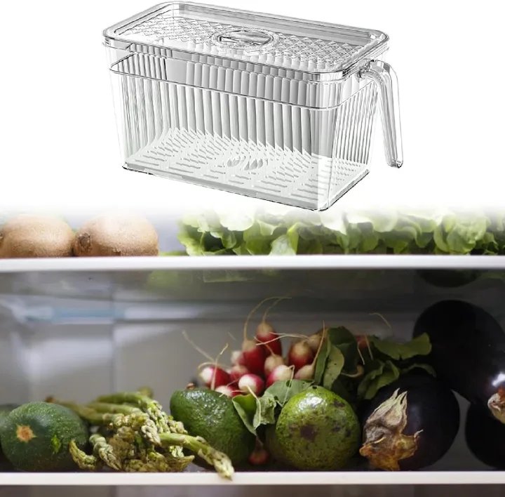 5L Refrigerator Organizer Fridge Food Storage Box with Removable Drain Tray Vegetable Fruit Case for Pantry Cabinet Freezer, Clear