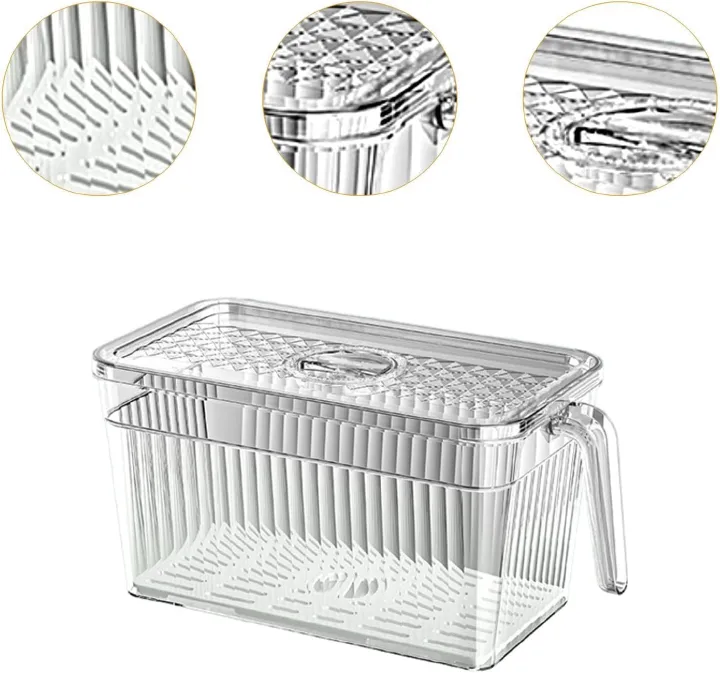 5L Refrigerator Organizer Fridge Food Storage Box with Removable Drain Tray Vegetable Fruit Case for Pantry Cabinet Freezer, Clear