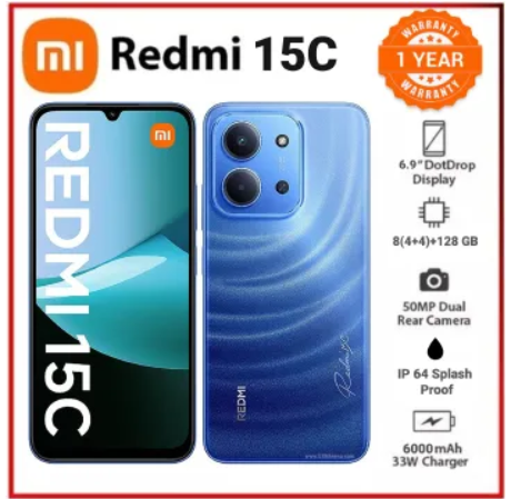 REDMI 15C 128GB Storage Upto 8(4+4)GB Ram 6.9'' FHD Immersive Display 50MP Main Cam +8MP front 6000mAh 33W Fast Charger Xiaomi Hyper OS Side Fingerprint Smartphone smart phones