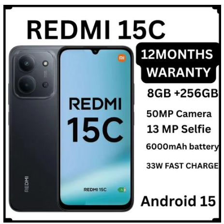 REDMI 15C 256B Storage UPTO 16GB(8+8)GB Extension Ram 6.9'' LCD 50MP Main Camera 6000mAh 33W Fast Charger Android 15 120Hz Refresh Rate Xiaomi Hyper OS 2 Side Fingerprint Smartphone