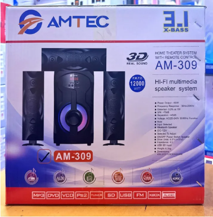 Amtec AM-309 3.1 Channel Home Theatre System with Wireless Subwoofer, 12000W PMPO, Bluetooth, USB SD AUX, Digital FMLED Display, Remote Control, 3D Real Sound Built-in Amplifier, Compatible