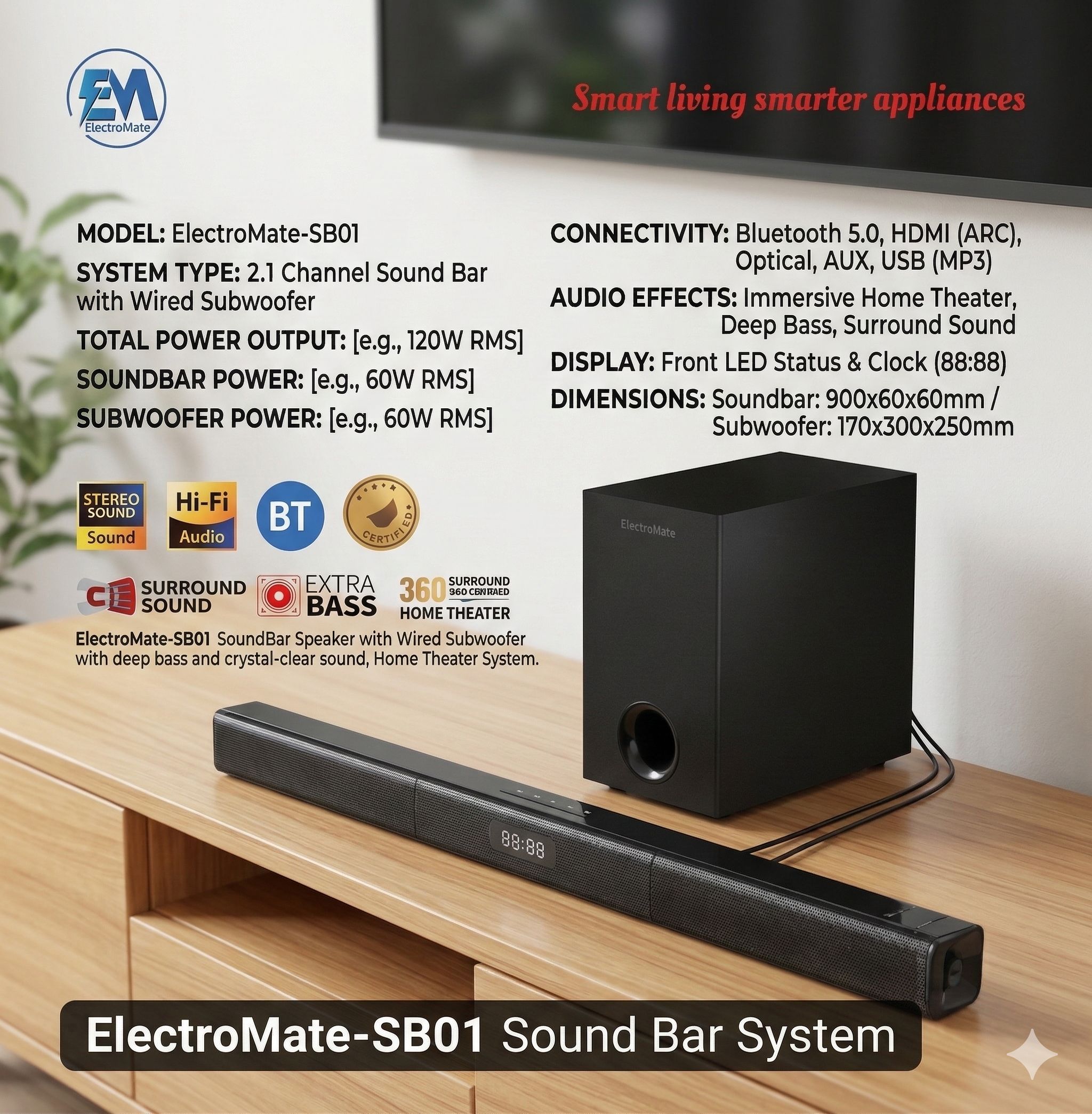 ElectroMate-SB01 SoundBar Speaker with Wired Subwoofer delivers an immersive home audio experience with deep bass and crystal-clear sound, perfect for movies, music, and gaming Sound Bar System
