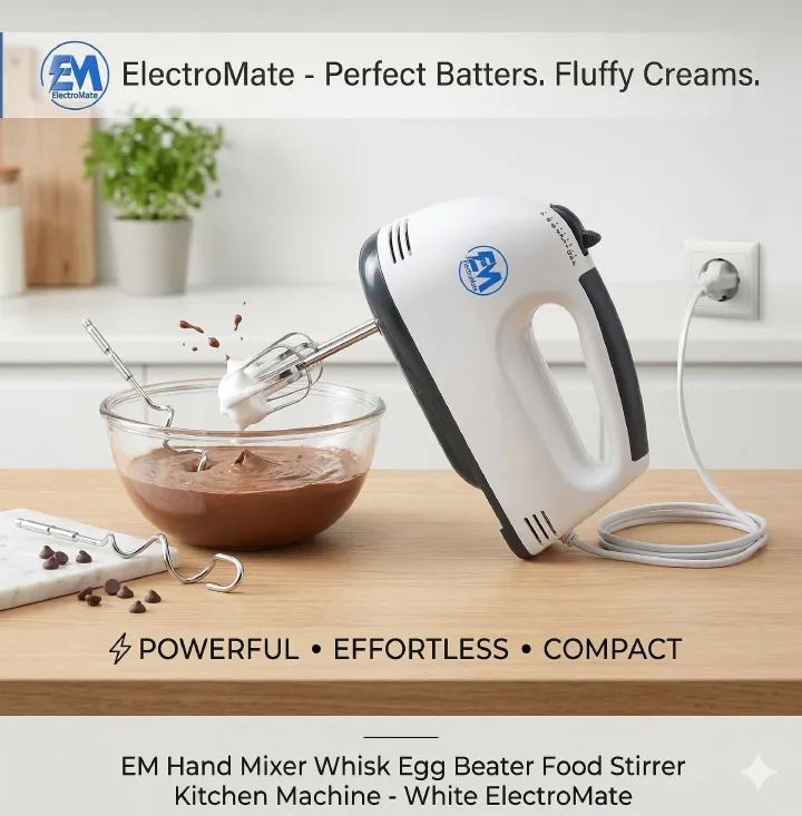 EM Hand Mixer Whisk Egg Beater Food Stirrer Grinder Blender Kitchenware Kitchen Tools Utensils Cooking Machine Cookware White ElectroMate