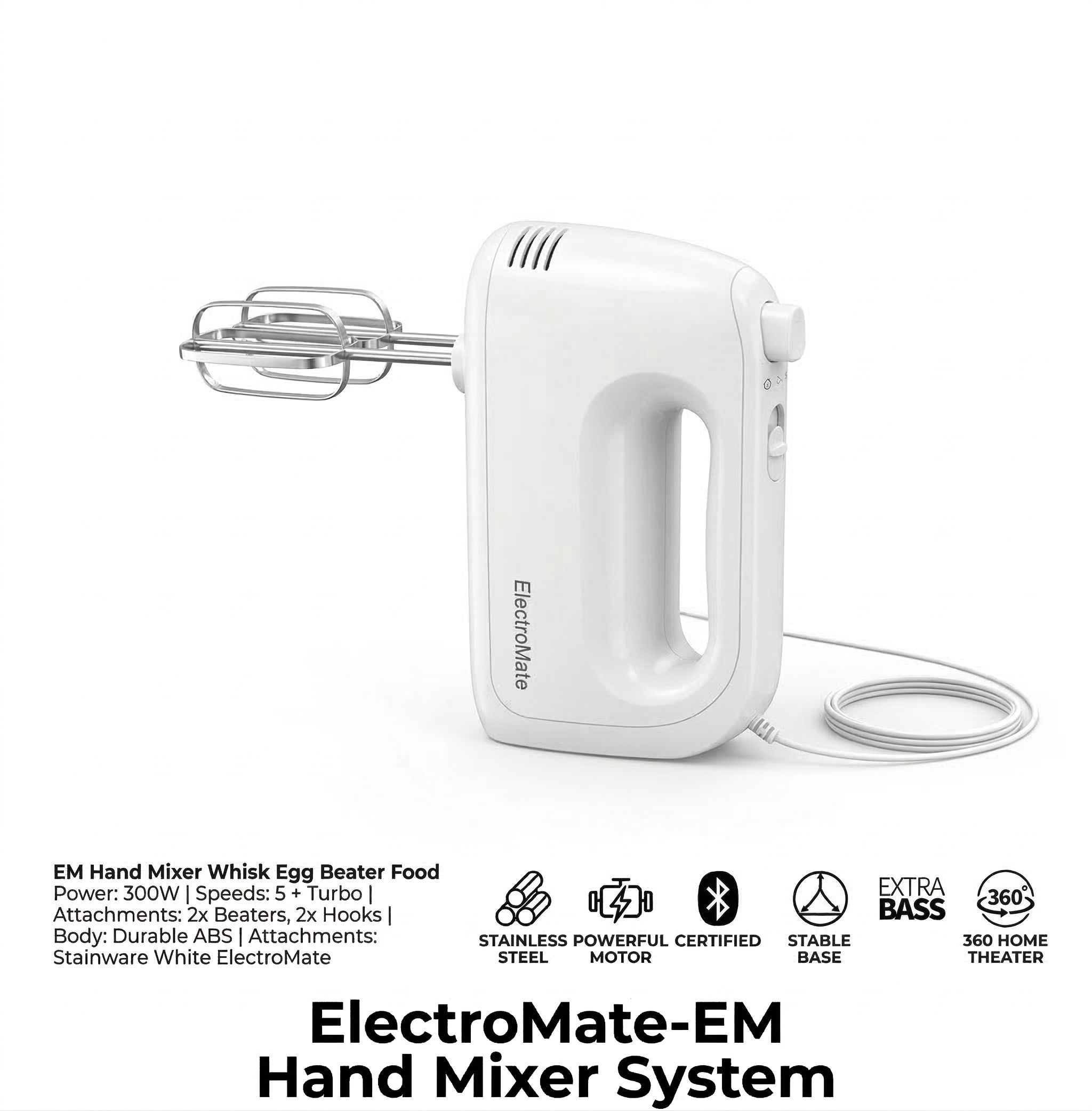 EM Hand Mixer Whisk Egg Beater Food Stirrer Grinder Blender Kitchenware Kitchen Tools Utensils Cooking Machine Cookware White ElectroMate