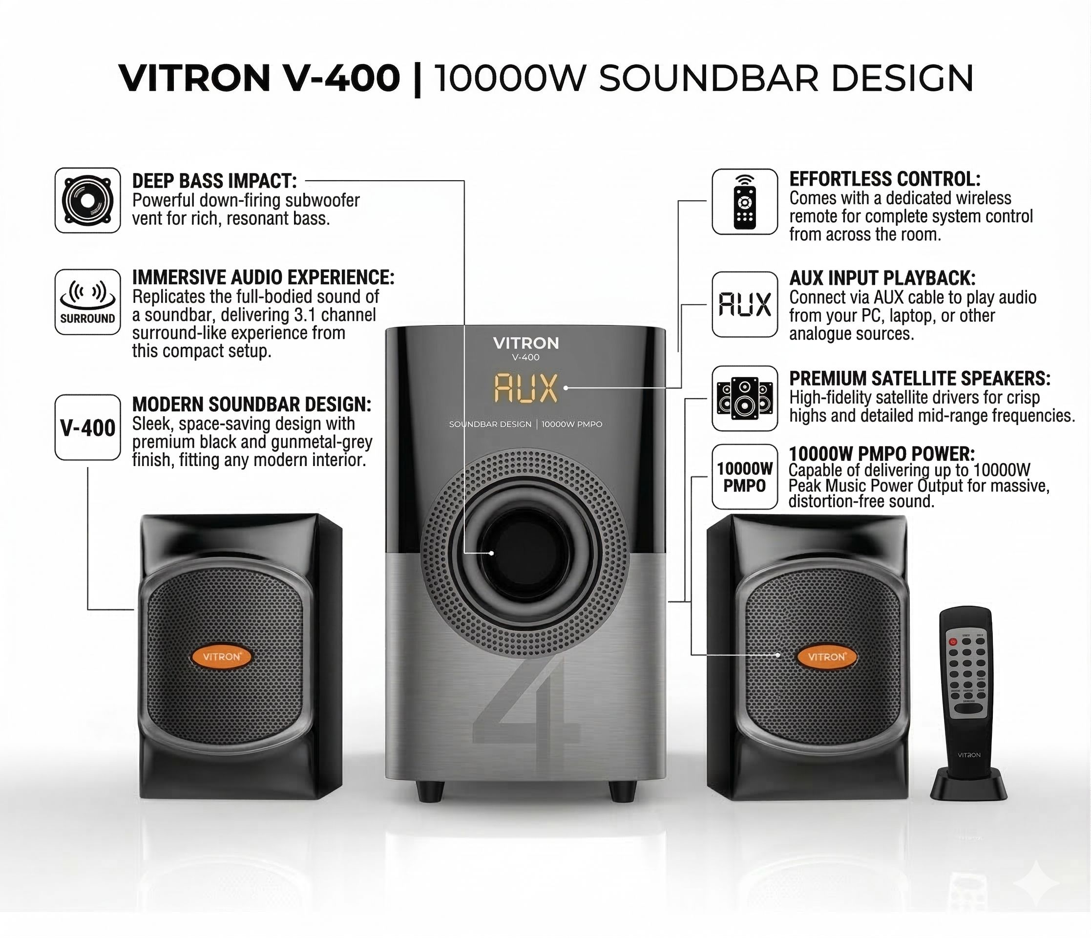 Vitron V-400 SOUNDBAR DESIGN 10000W 2.1CH AMAZING HOMETHEATRE SPEAKER SYSTEM + 1 YEAR WARRANTY AND DELIVERY TO YOUR DOORSTEP