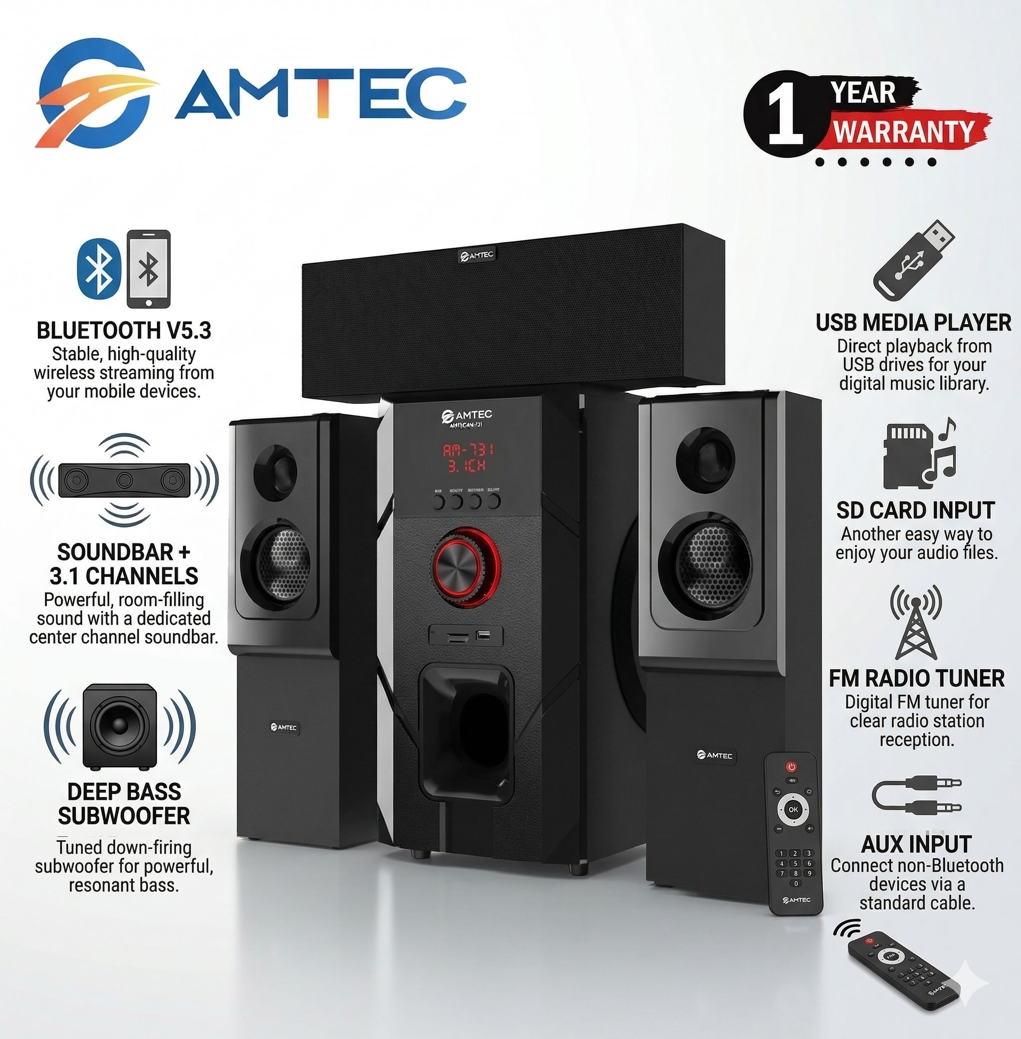 Amtec AM-731 3.1CH Sub Woofer Bluetooth System-FM,USB,SD-20000W+2 YEARS WARRANTY