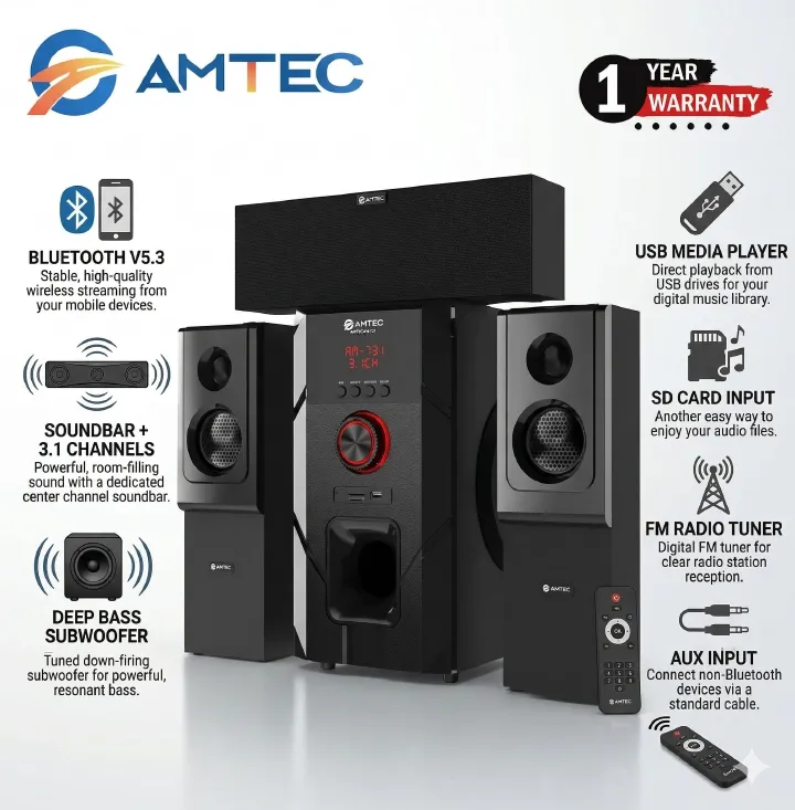 Amtec AM-731 3.1CH Sub Woofer Bluetooth System-FM,USB,SD-20000W+2 YEARS WARRANTY