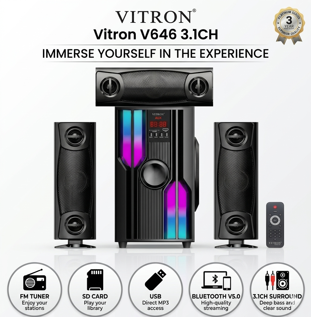 Vitron V646 3.1CH X-Bass Home Theatre System AC/DC Bluetooth Woofer Speaker System Subwoofer Home Audio System USB SD MP3 FM Radio 10000W-1 year warrant