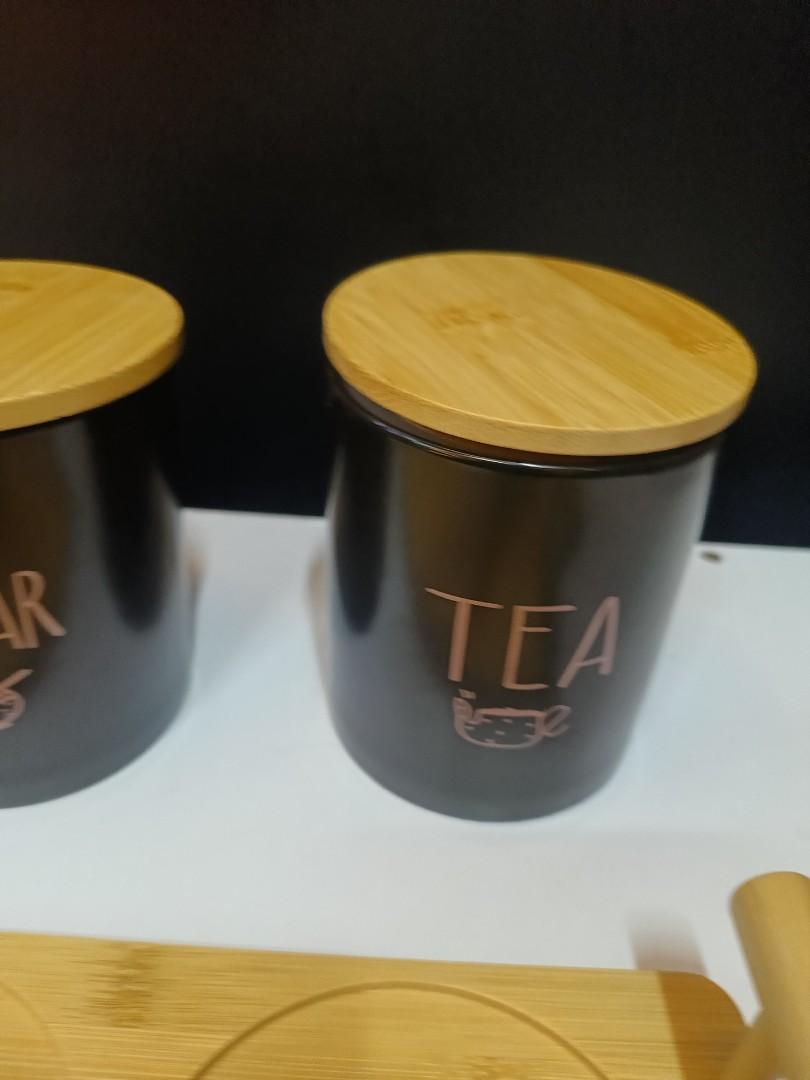 High end coffee, tea and sugar containers with bamboo lids and stand