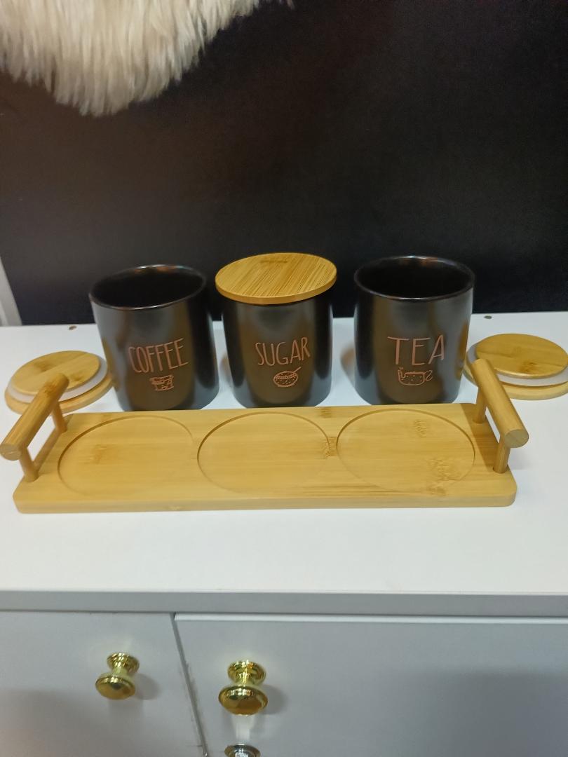 High end coffee, tea and sugar containers with bamboo lids and stand
