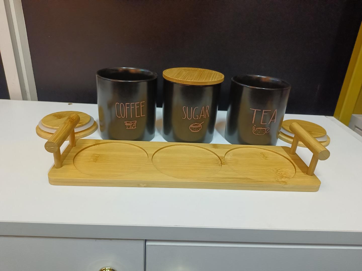 High end coffee, tea and sugar containers with bamboo lids and stand