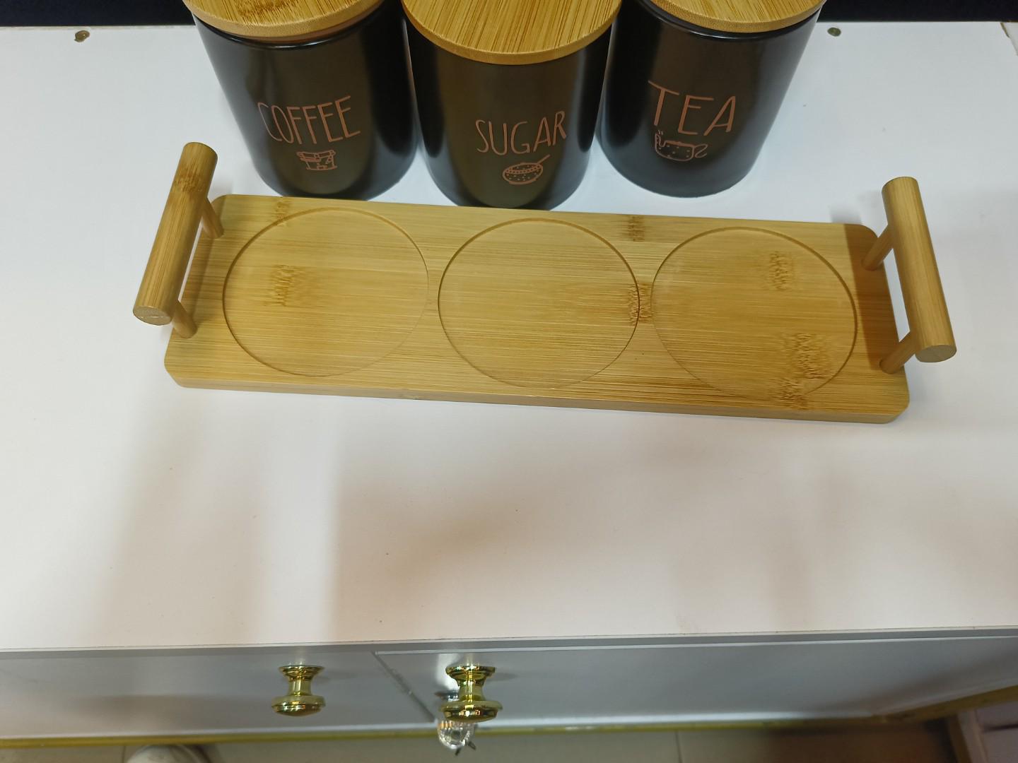 High end coffee, tea and sugar containers with bamboo lids and stand