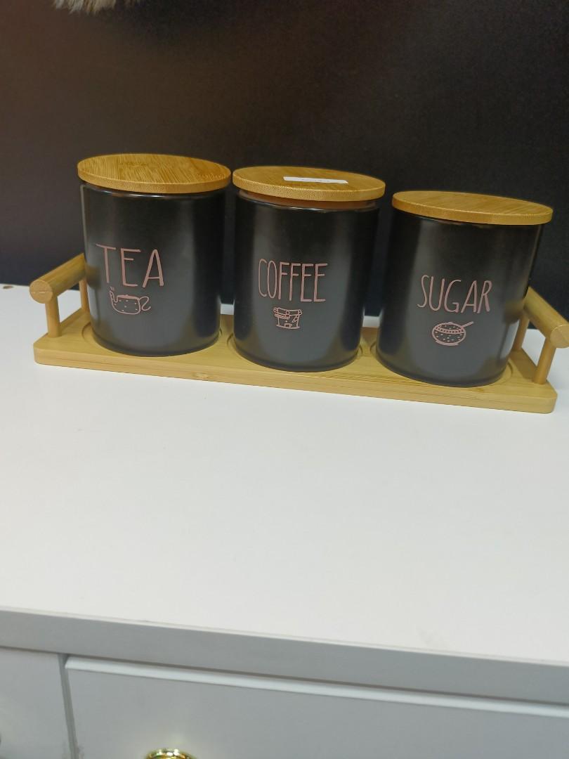 High end coffee, tea and sugar containers with bamboo lids and stand