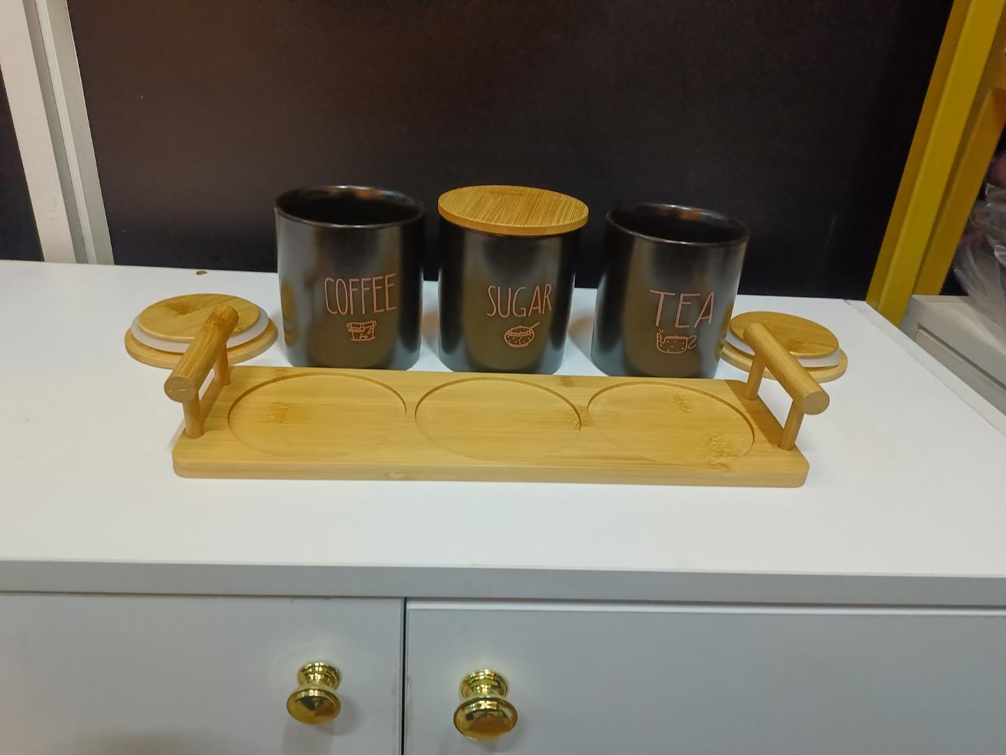 High end coffee, tea and sugar containers with bamboo lids and stand
