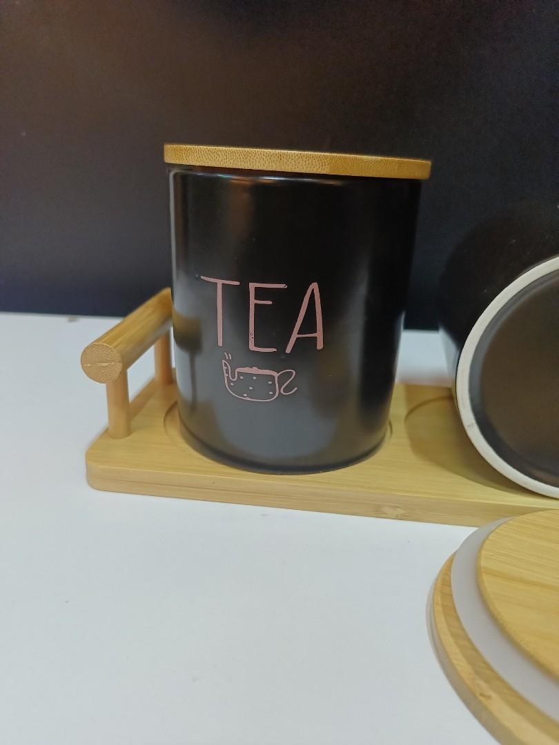 High end coffee, tea and sugar containers with bamboo lids and stand