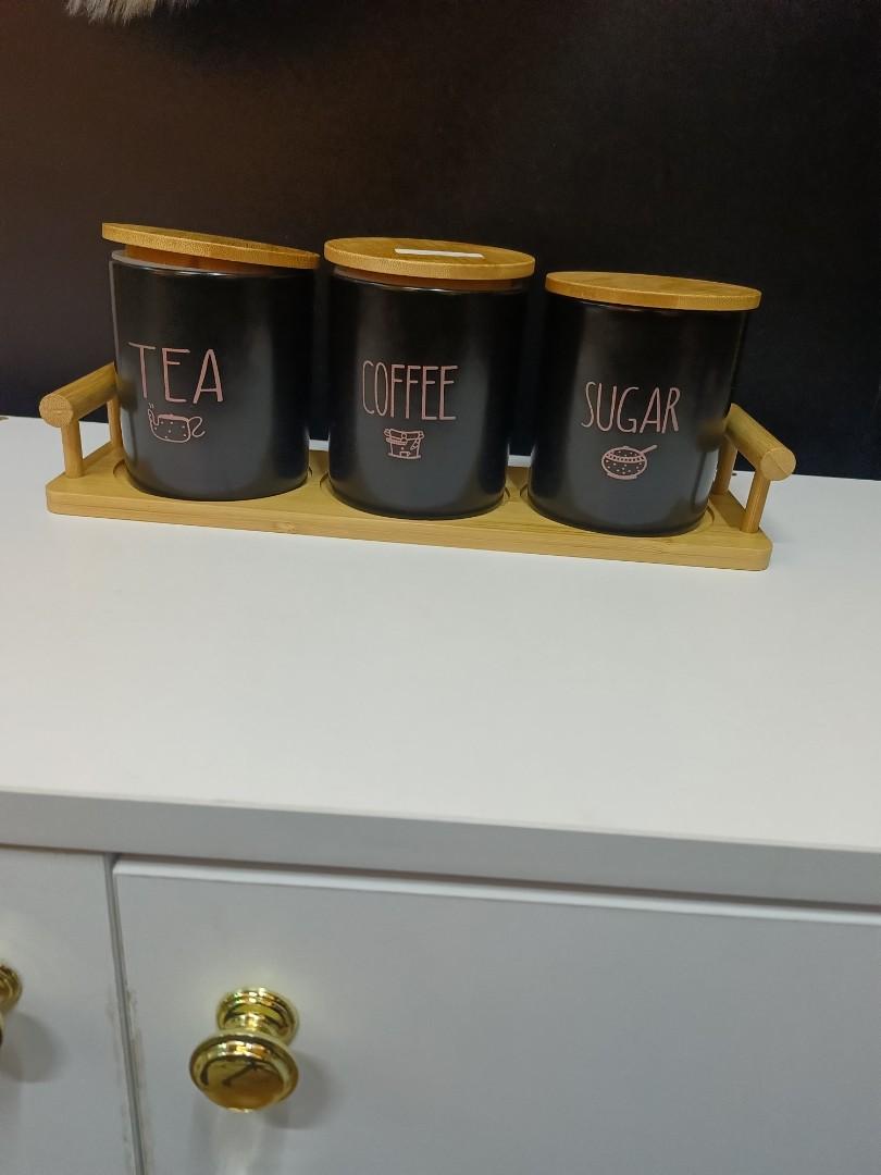 High end coffee, tea and sugar containers with bamboo lids and stand