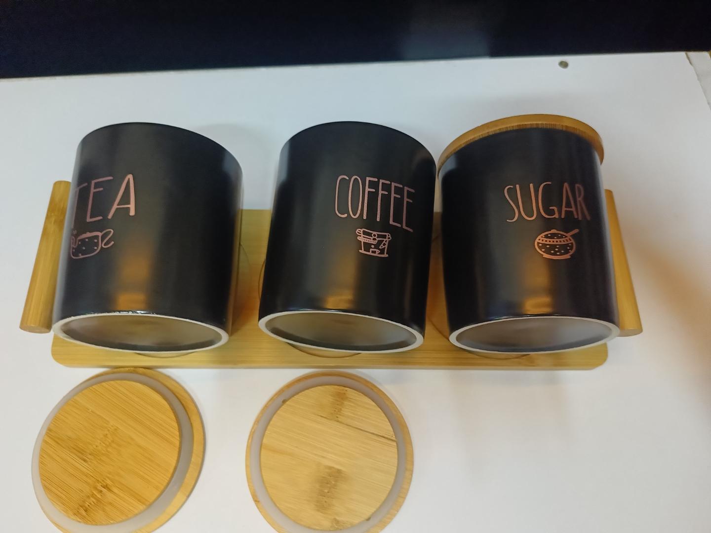 High end coffee, tea and sugar containers with bamboo lids and stand
