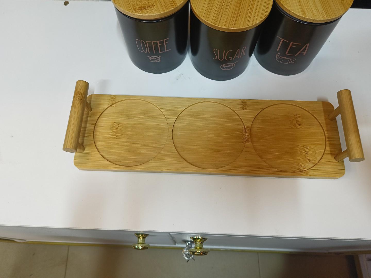 High end coffee, tea and sugar containers with bamboo lids and stand