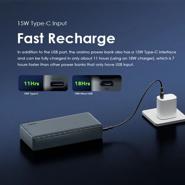 Oraimo PowerBox 300 Lite Power Bank 30,000mAh – 15W Fast Charging, Dual USB Output, Compact Design (Model OPB-1301)