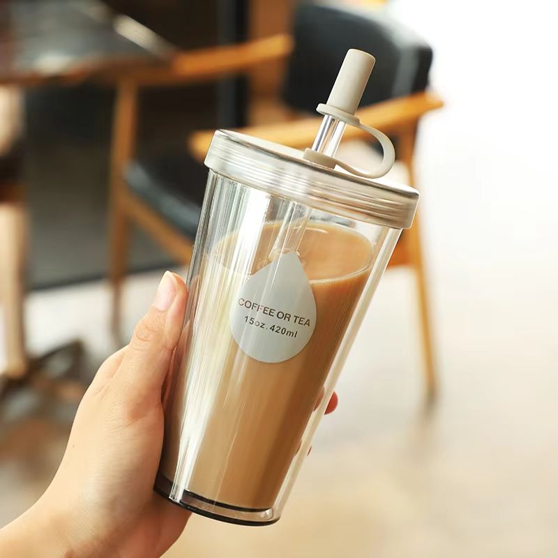 Double Layer Straw Milk Tea Cup With Lid, Portable Water Cup, Fruit Tea Cup, Small Creative Plastic Cup For Summer, Water Bottle