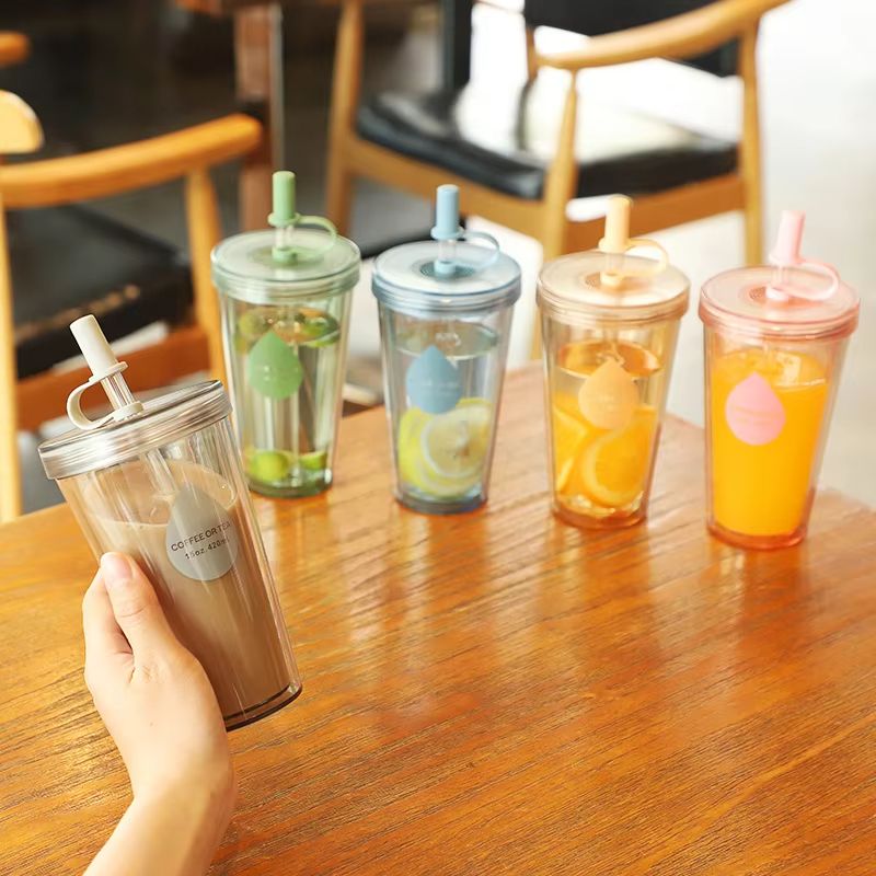Double Layer Straw Milk Tea Cup With Lid, Portable Water Cup, Fruit Tea Cup, Small Creative Plastic Cup For Summer, Water Bottle