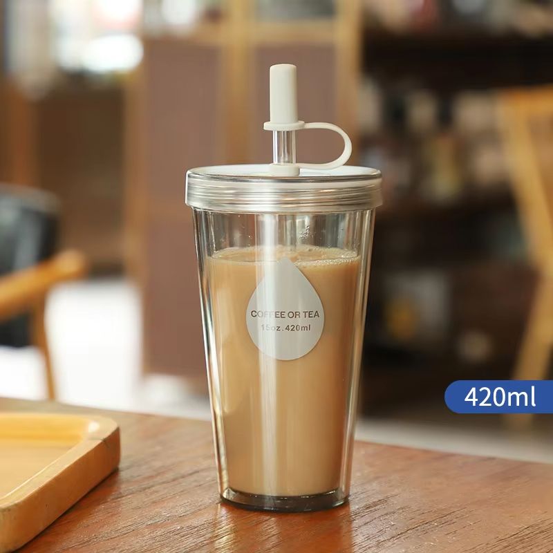 Double Layer Straw Milk Tea Cup With Lid, Portable Water Cup, Fruit Tea Cup, Small Creative Plastic Cup For Summer, Water Bottle
