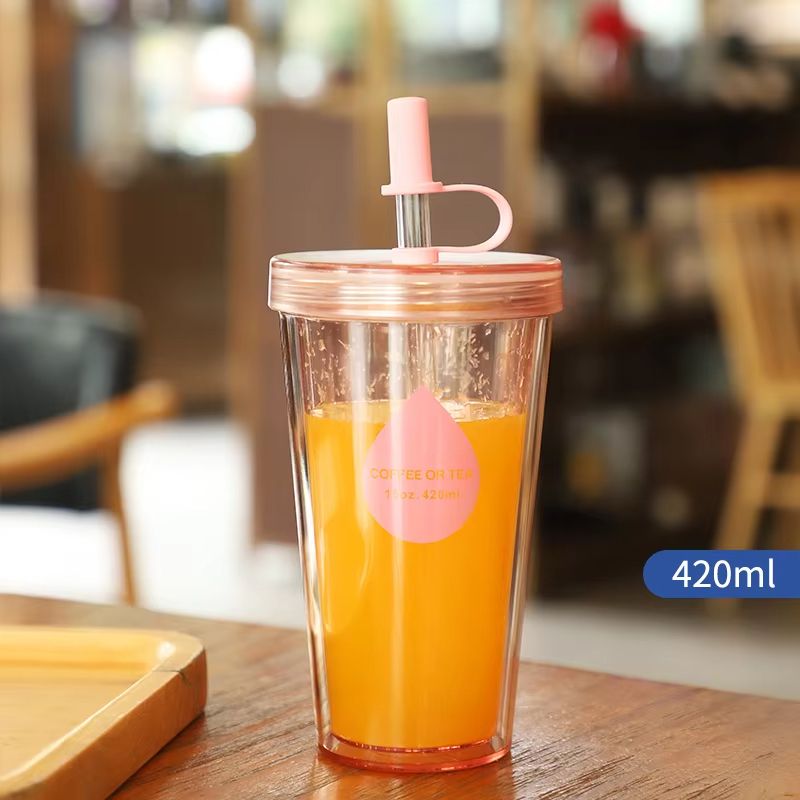 Double Layer Straw Milk Tea Cup With Lid, Portable Water Cup, Fruit Tea Cup, Small Creative Plastic Cup For Summer, Water Bottle