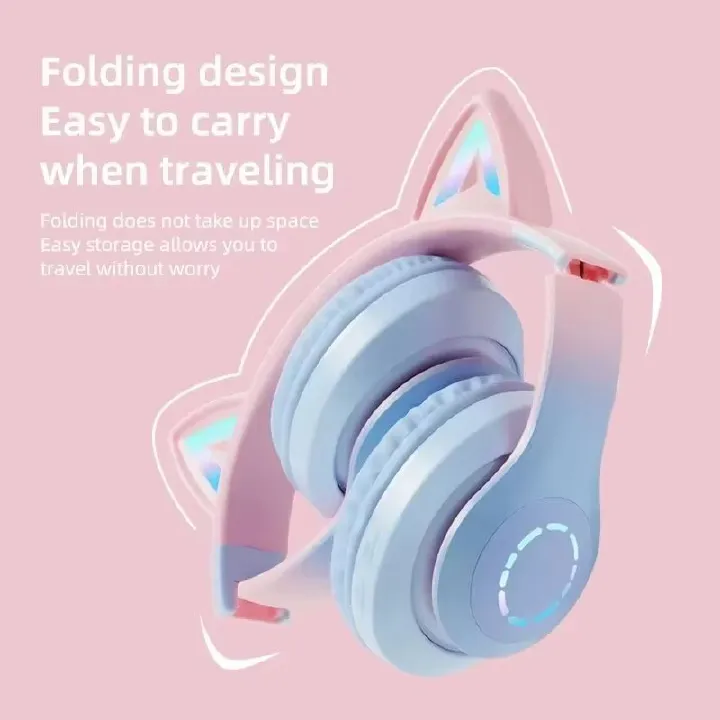 Cute Cat Bluetooth Light Headphones Wireless Bluetooth Earphone with HD Mic Hifi Stereo Music Gamer Headsets gifts for kids