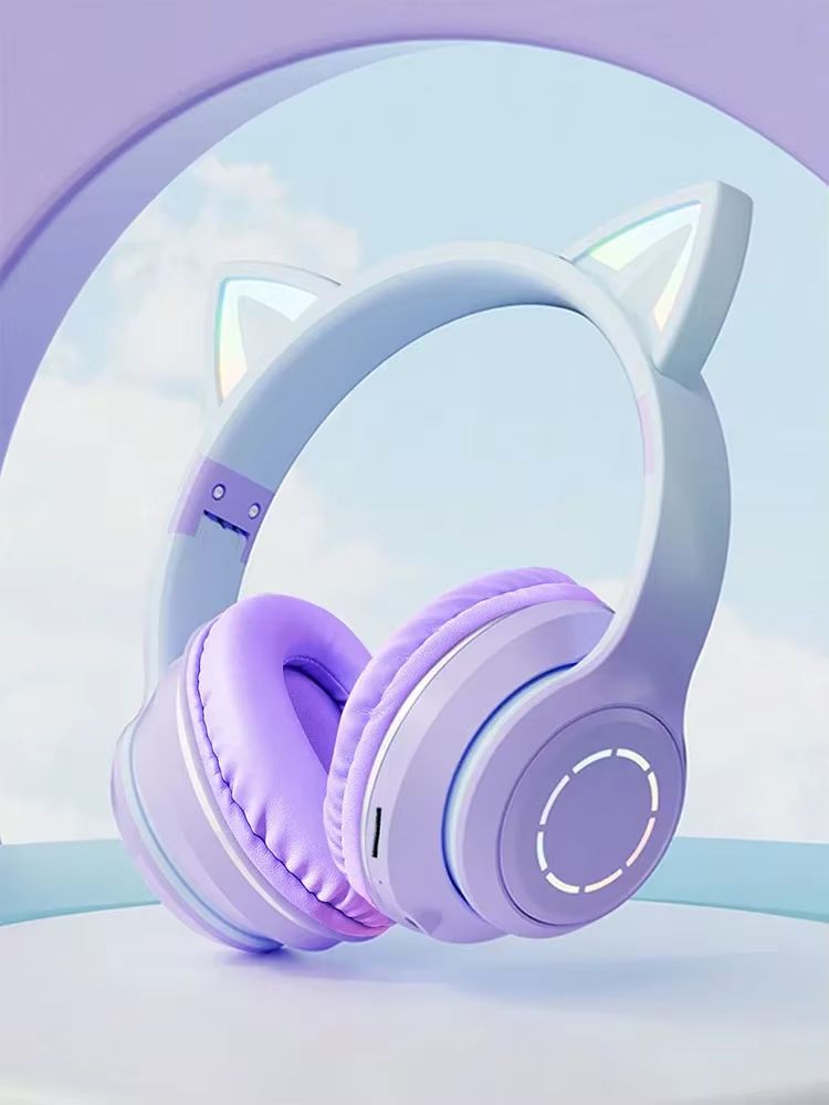 Cute Cat Bluetooth Light Headphones Wireless Bluetooth Earphone with HD Mic Hifi Stereo Music Gamer Headsets gifts for kids