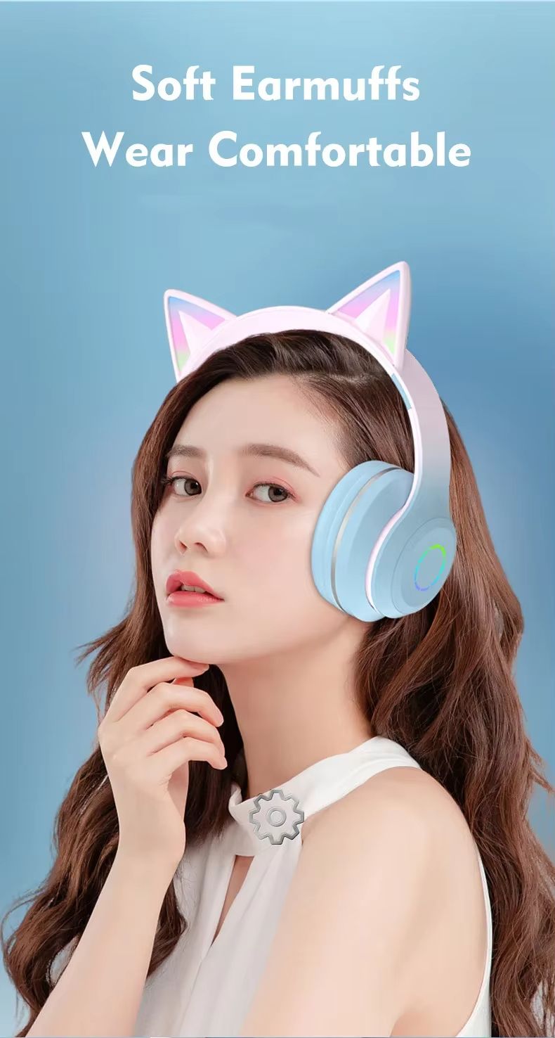 Cute Cat Bluetooth Light Headphones Wireless Bluetooth Earphone with HD Mic Hifi Stereo Music Gamer Headsets gifts for kids
