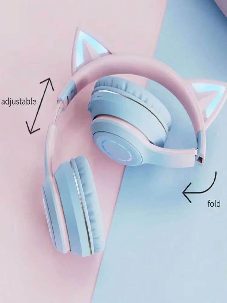 Cute Cat Bluetooth Light Headphones Wireless Bluetooth Earphone with HD Mic Hifi Stereo Music Gamer Headsets gifts for kids
