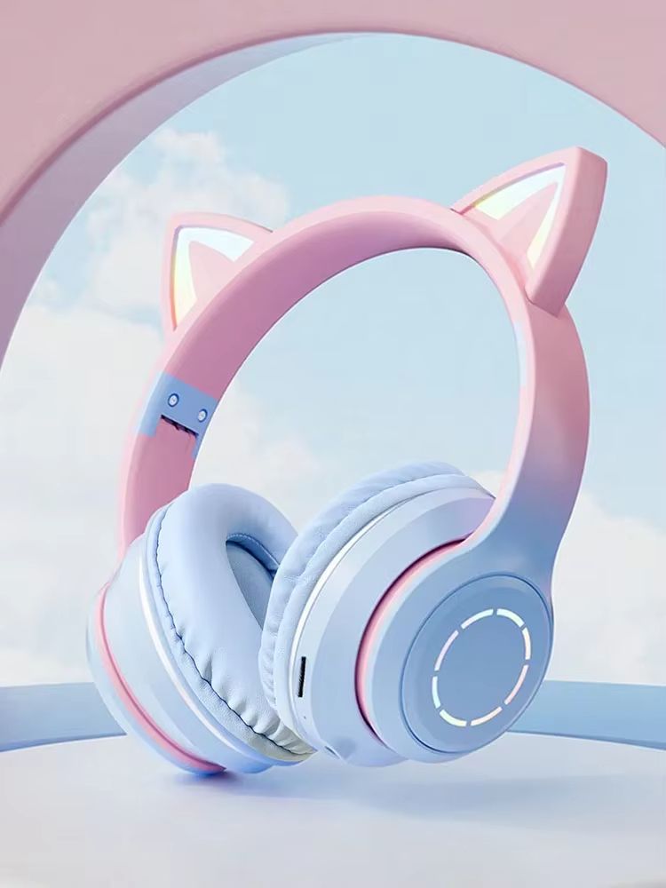 Cute Cat Bluetooth Light Headphones Wireless Bluetooth Earphone with HD Mic Hifi Stereo Music Gamer Headsets gifts for kids