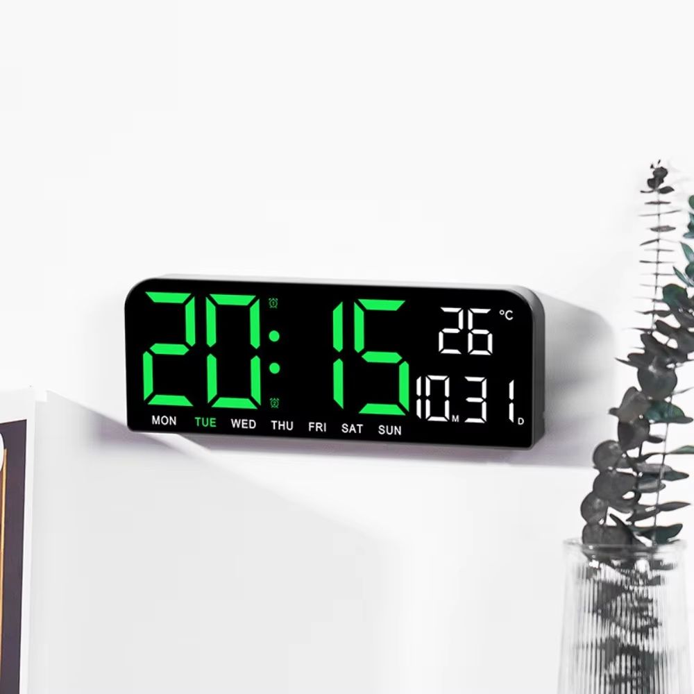 Brightness Adjustment LED Digital Wall Clock 12/24H Format Date Week Alarm Clock Auto-Dimmer Countdown Function
