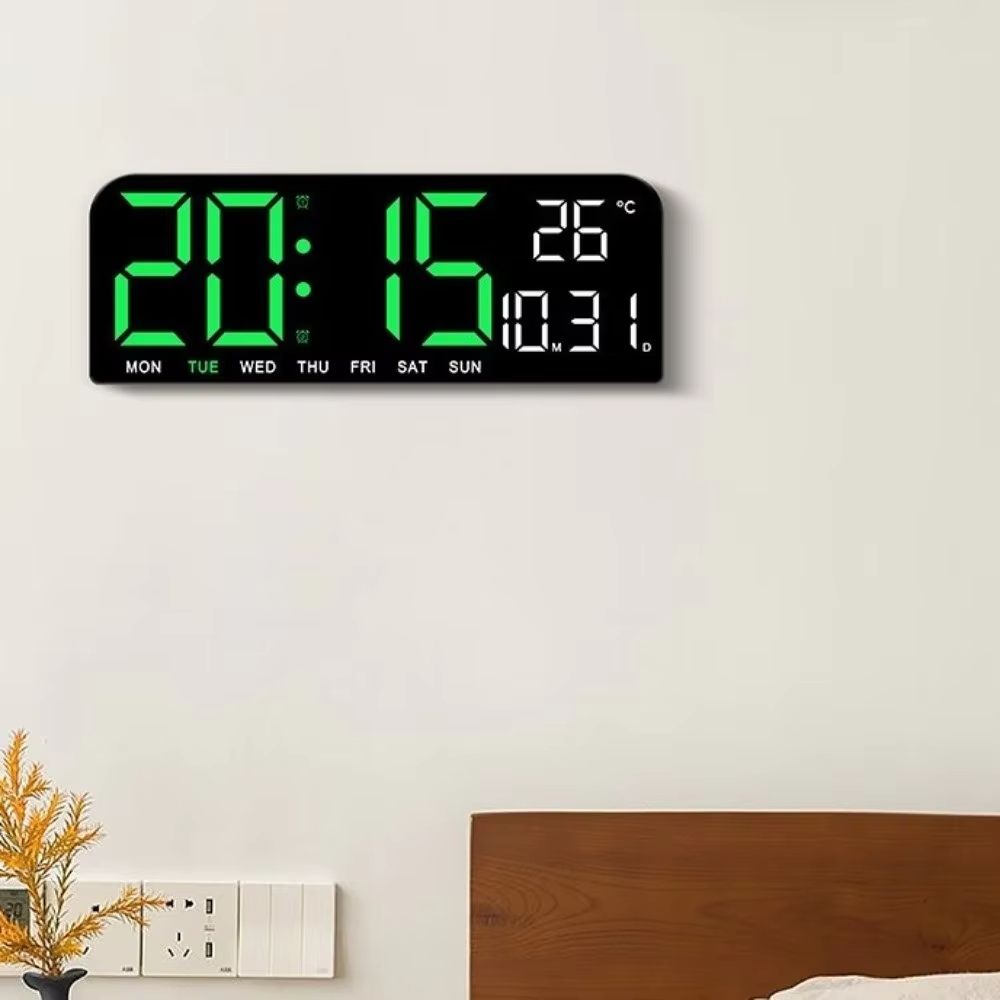 Brightness Adjustment LED Digital Wall Clock 12/24H Format Date Week Alarm Clock Auto-Dimmer Countdown Function