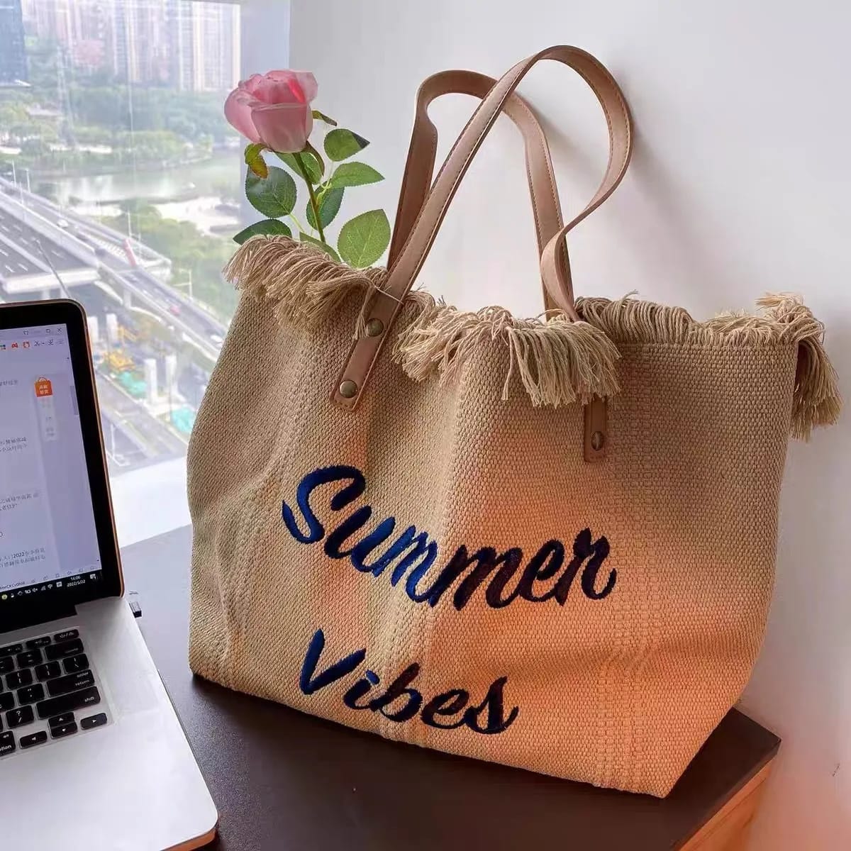 Large Capacity Ladies Canvas Tote bag Summer Vibes Beach Women Laptop Handbag travel vacation bag