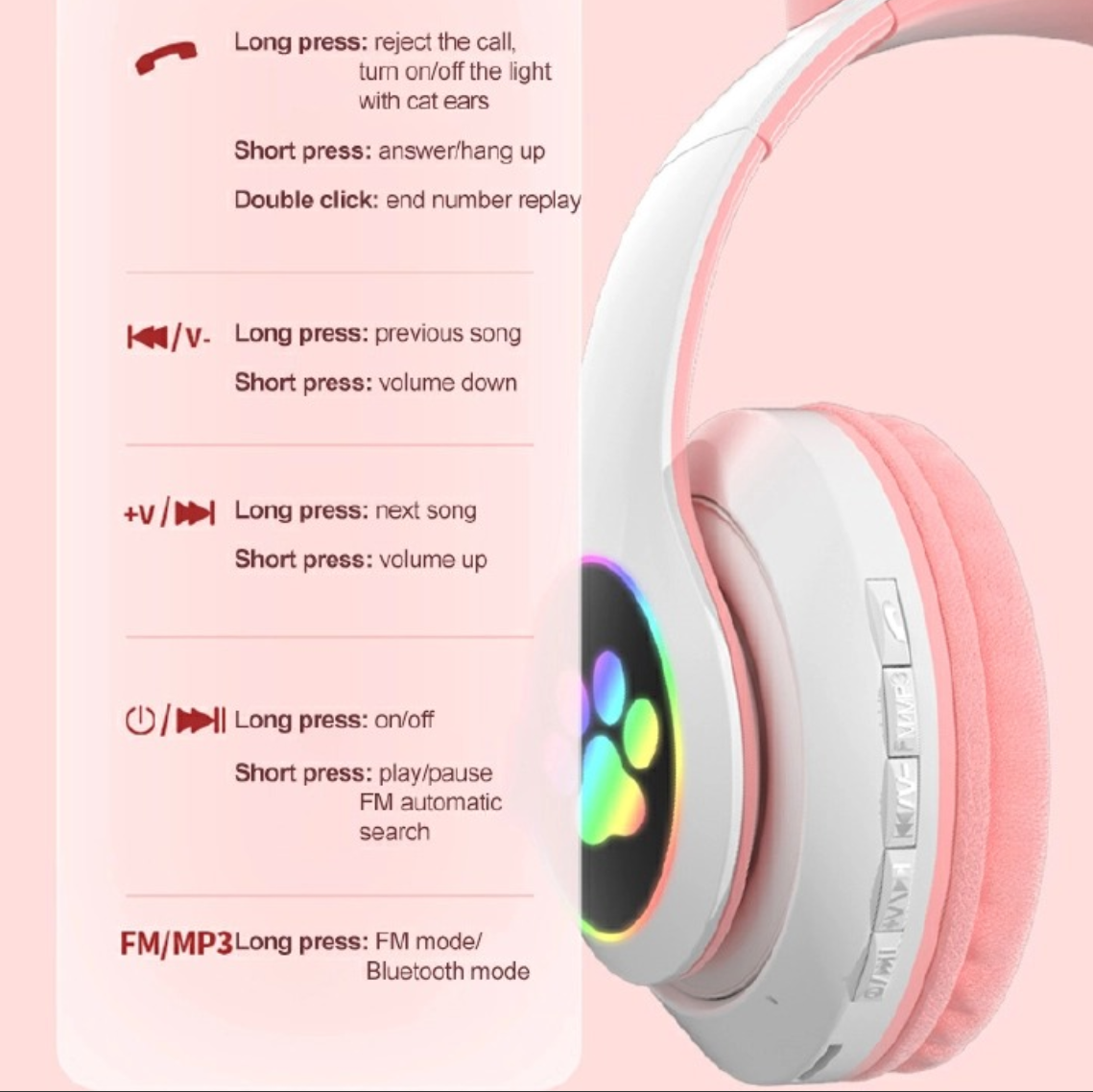 Headphones Flash Cute Cat Ears Wireless Game Headphones RGB LED Lighted Cat Ear headphones Noise-Canceling Over-Ear Headphones Foldable- Pink, Black, Purple, Light blue