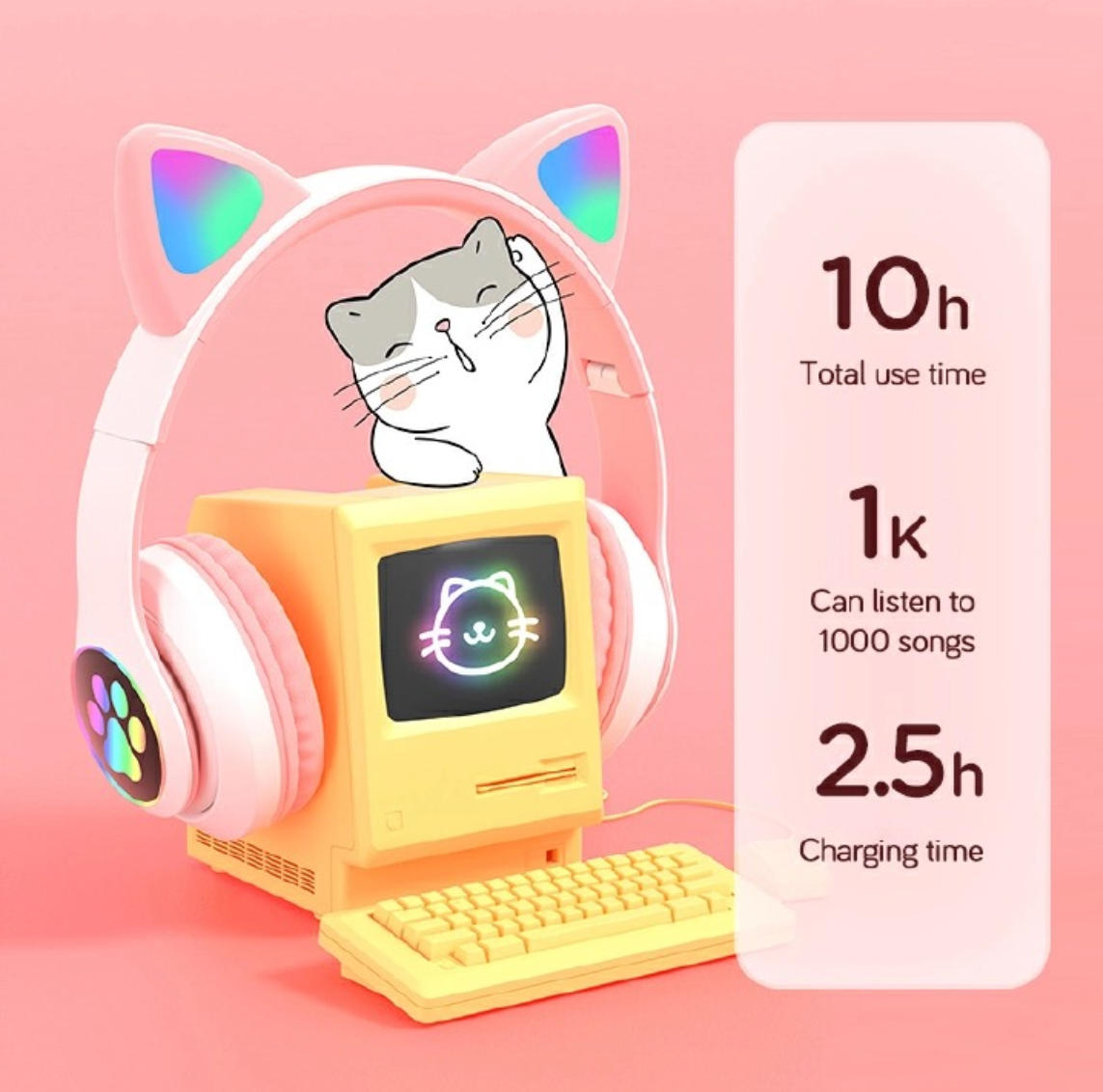 Headphones Flash Cute Cat Ears Wireless Game Headphones RGB LED Lighted Cat Ear headphones Noise-Canceling Over-Ear Headphones Foldable- Pink, Black, Purple, Light blue