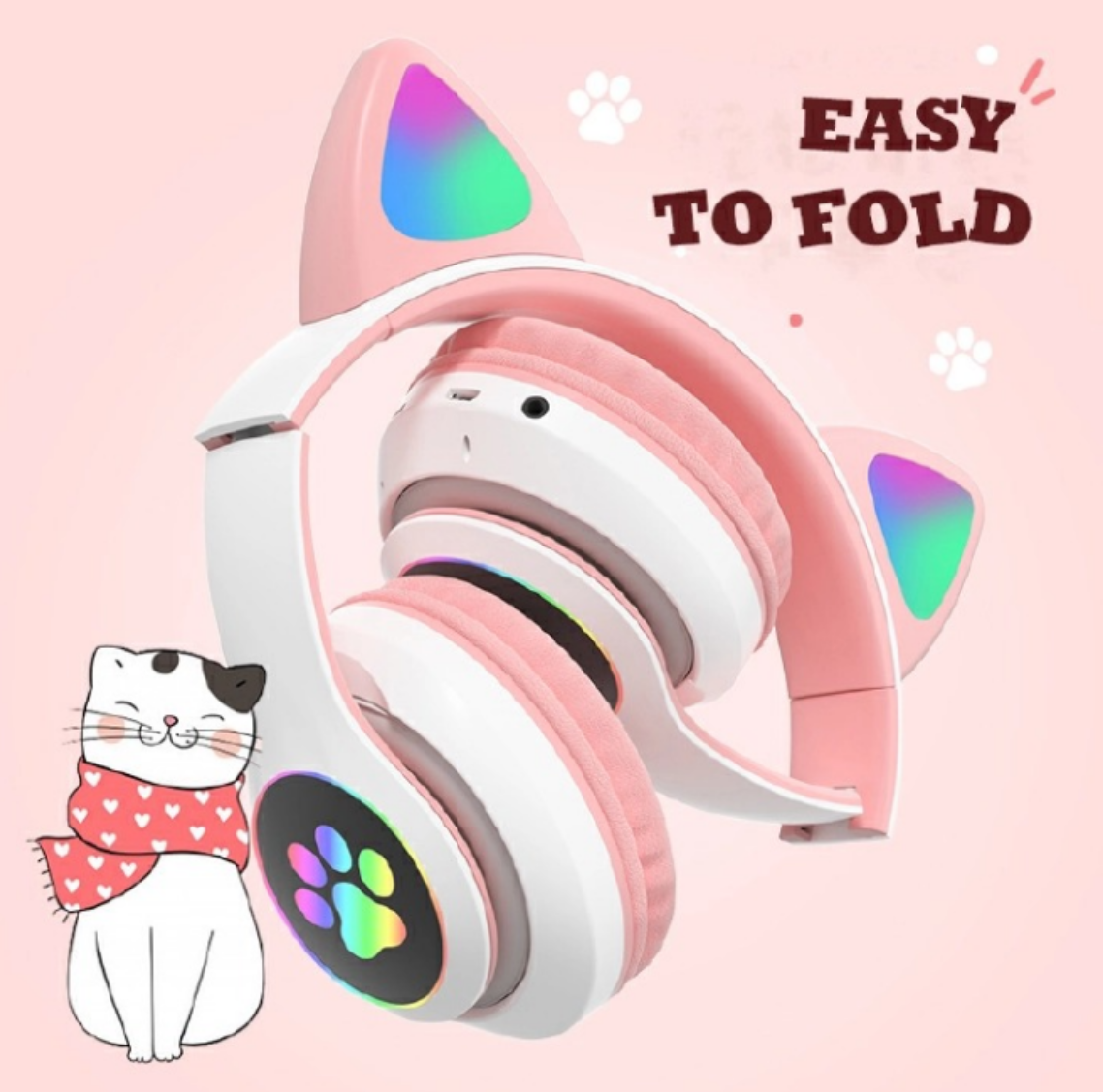 Headphones Flash Cute Cat Ears Wireless Game Headphones RGB LED Lighted Cat Ear headphones Noise-Canceling Over-Ear Headphones Foldable- Pink, Black, Purple, Light blue