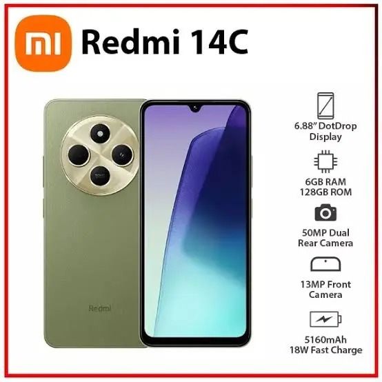 Redmi 14C Smart Phone 6GB RAM + 128GB Storage 4G Network Dual SIM 6.88 inch 120Hz LCD Screen 50MP Camera 18W Tpye-C Charging 5160mAh Battery Fingerprint&Face Smart Phones