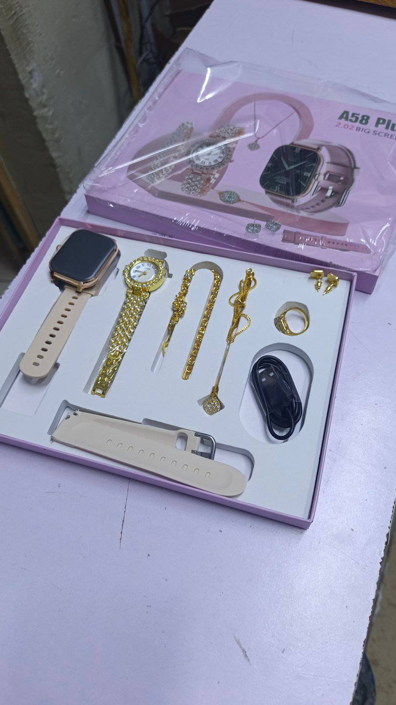 NEW Arrival A58 A58 Plus Smartwatch Gift Set, A Stylish And Affordable Combo Package . Plus Smart Watch Suit 8 In1Smart Watch Set for Women Fitness Tracker Ladies Christmas/Birthday Gift Box.RANDOM