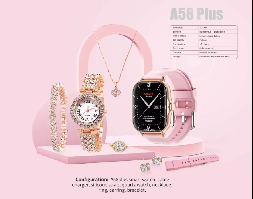 NEW Arrival A58 A58 Plus Smartwatch Gift Set, A Stylish And Affordable Combo Package . Plus Smart Watch Suit 8 In1Smart Watch Set for Women Fitness Tracker Ladies Christmas/Birthday Gift Box.RANDOM