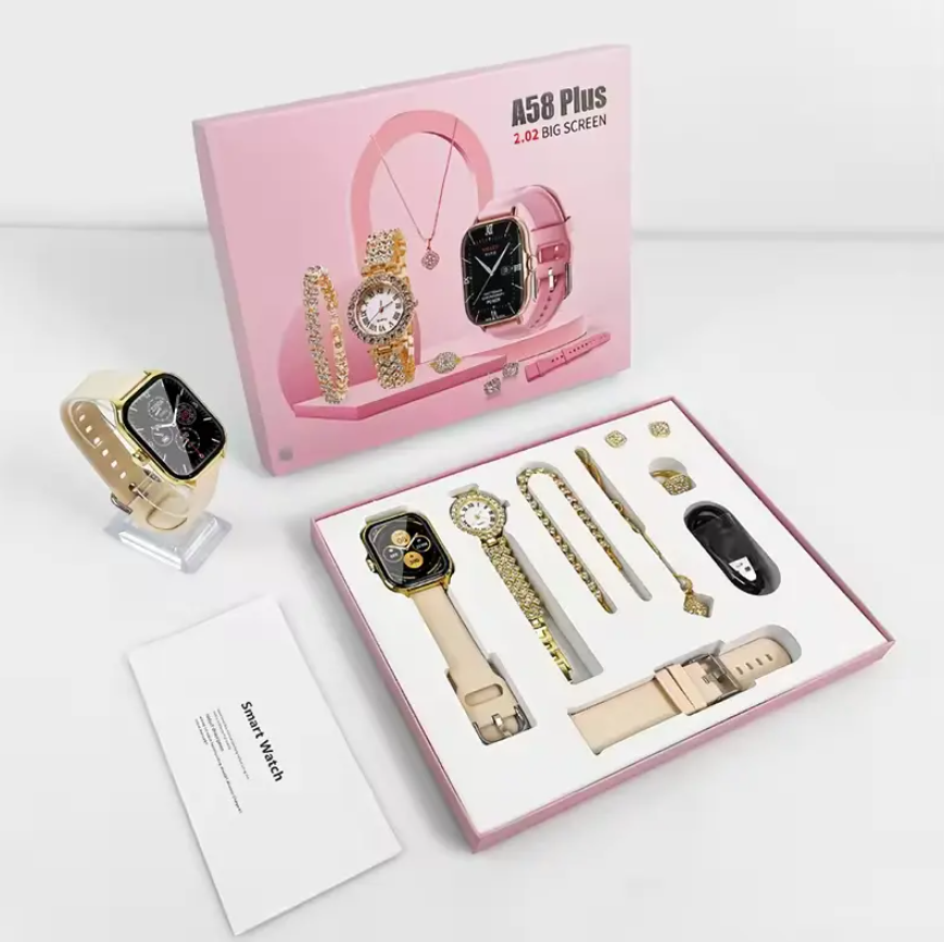 NEW Arrival A58 A58 Plus Smartwatch Gift Set, A Stylish And Affordable Combo Package . Plus Smart Watch Suit 8 In1Smart Watch Set for Women Fitness Tracker Ladies Christmas/Birthday Gift Box.RANDOM