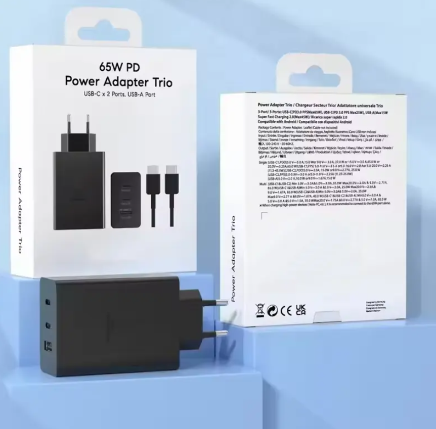 Samsung 65w Power Adapter Trio Super Fast Charger with 65w, 25w, 15w with Type-C To Type-C CableWall Plug USB Charger Type C Travel Charger Cable