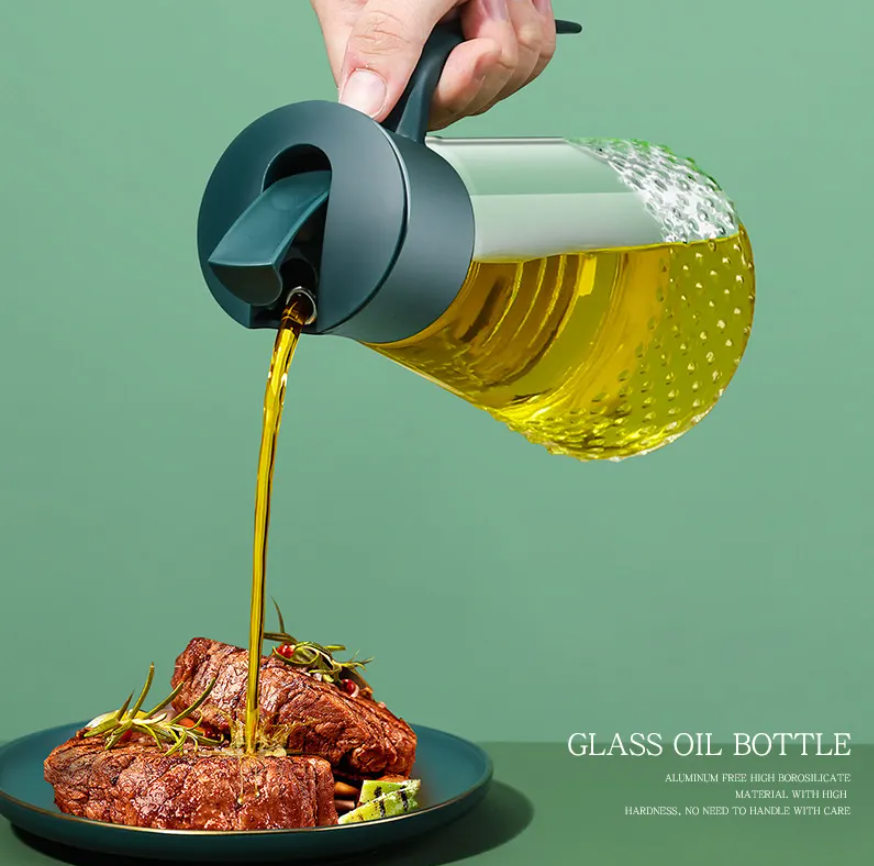 Kitchen Auto Flip Olive Oil Dispenser Bottle with Drip-Proof Spout and Non-slip Handle.  Glass Oil Dispenser Bottle – Non-Drip Autoflip Cooking Jar with Scale & Non-Slip Handle for Kitchen Use