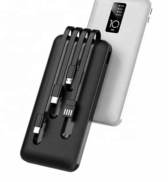 Punex 10000mAh Power Bank JY-602 with Detachable Cables. It features three detachable cables for universal compatibility, allowing you to charge various devices including Android, iPhone, and Type-C
