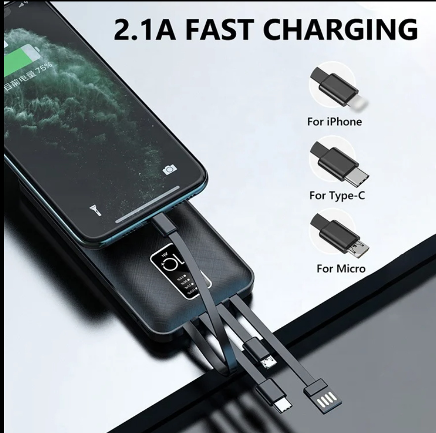 Punex 10000mAh Power Bank JY-602 with Detachable Cables. It features three detachable cables for universal compatibility, allowing you to charge various devices including Android, iPhone, and Type-C