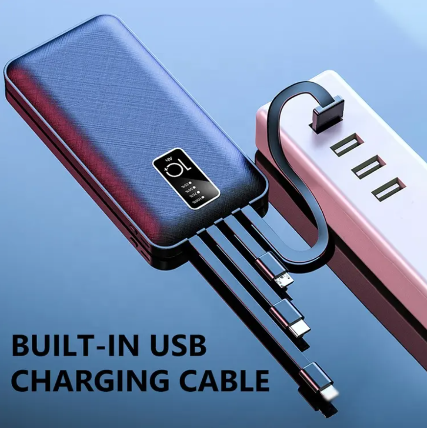 Punex 10000mAh Power Bank JY-602 with Detachable Cables. It features three detachable cables for universal compatibility, allowing you to charge various devices including Android, iPhone, and Type-C